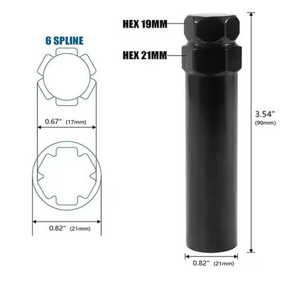 Black Conical Car Wheel Nuts With 1 Lug Nut Key Cone Seat 1.38 Inch Long 3/4 Inch Hex