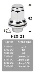 Wheel Nut M12X1.5 Height 42mm HEX21 Chrome Plated For Toyota 5307-L42 90942-01058